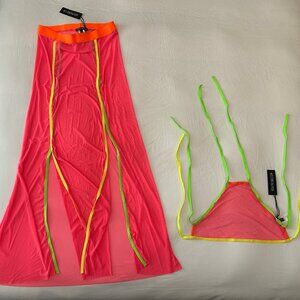 Dolls Kill Neon Mesh Halter (M) & Skirt (XL) CoverUp Set